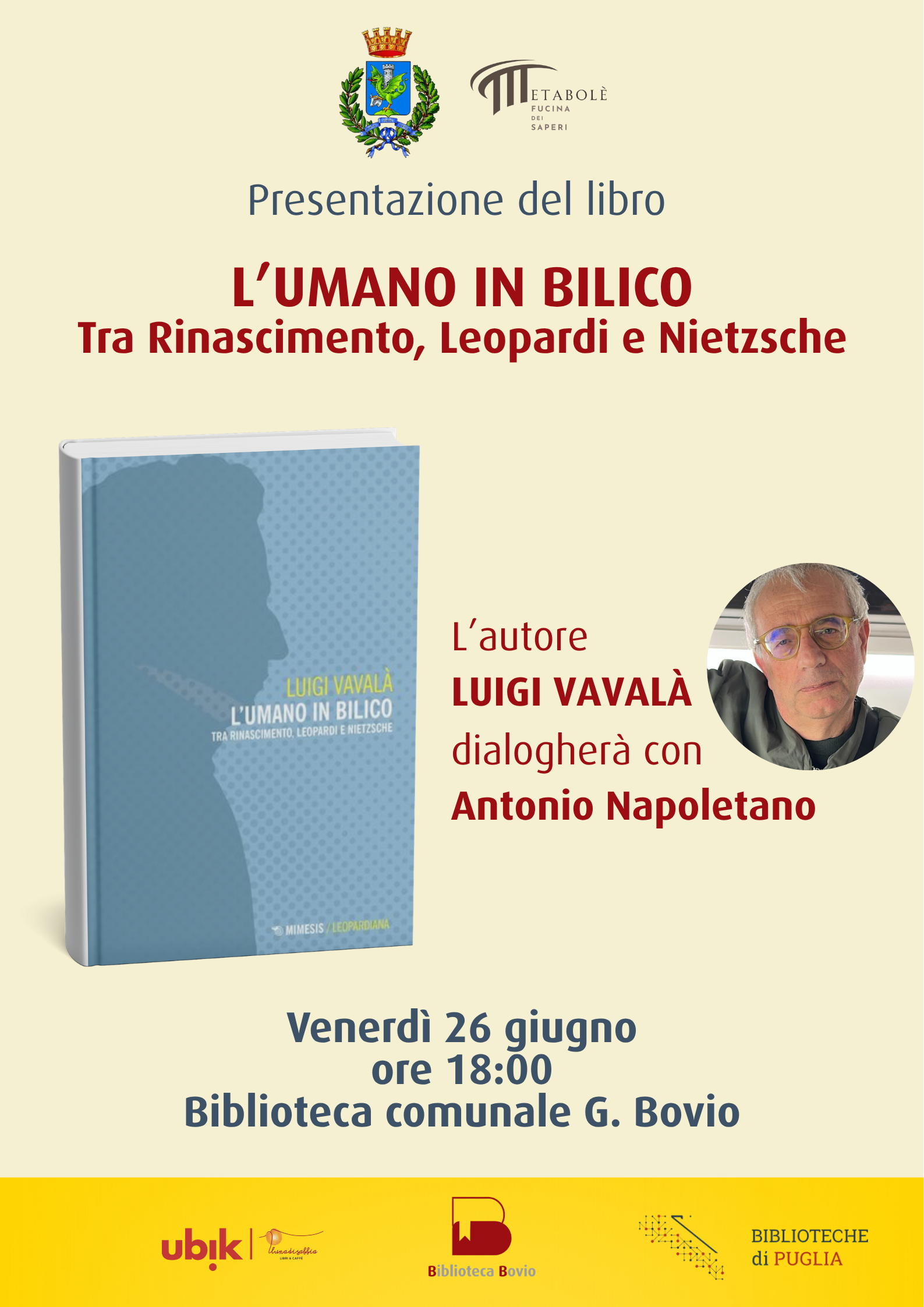 Presentazione del libro L&rsquo;UMANO IN BILICO. TRA RINASCIMENTO, LEOPARDI E NIETZSCHE di Luigi Vaval&agrave;